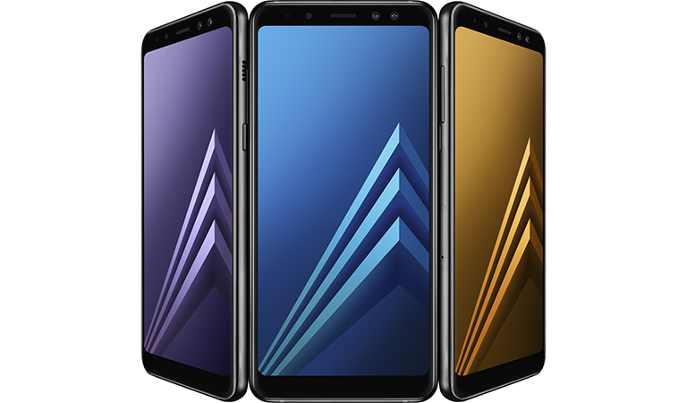 Produktbilder av Samsung Galaxy A8 i tre farger